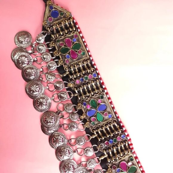 Multicolor Afghan Choker, Afghan Kuchi Glass Stones And Dangling Tassels Necklac - Picture 7 of 9